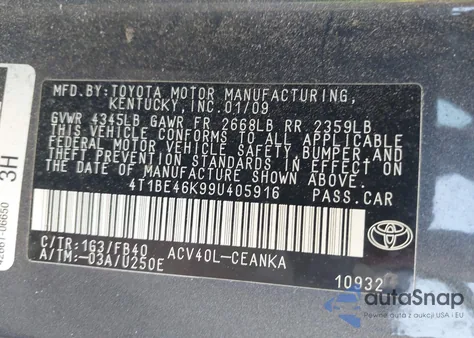2009 Toyota Camry Le from USA, damaged, VIN 4T1BE46K99U405916